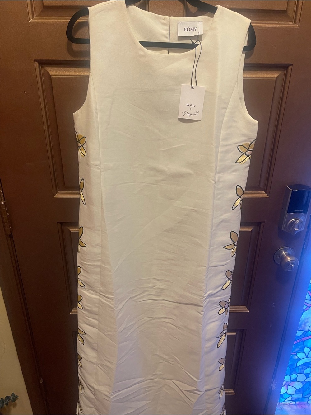 ROMY Bloom Cream Shift Maxi Dress with Yellow Floral Side Accents NWT Large
